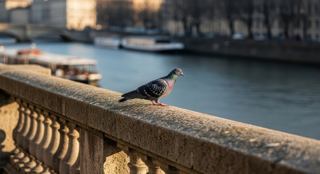 Pigeon perched on stone railing overlooking serene river scene