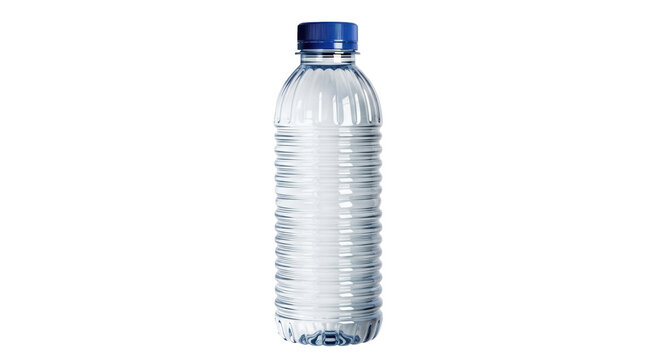 Clear plastic water bottle with blue cap isolated PNG, refreshing drink container for hydration and healthy lifestyle