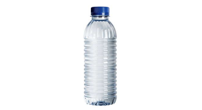 Clear plastic water bottle with blue cap isolated PNG, refreshing drink container for hydration and healthy lifestyle