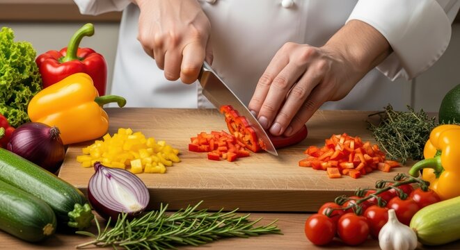 Male chef chopping vegetables in kitchen: fresh ingredients and culinary skills