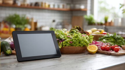 A tablet sits alongside a salad bowl and fresh ingredients on a wooden surface in a sunlit kitchen. Healthy eating and modern convenience meet in a culinary scene.