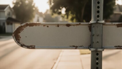 Close-up of a weathered street sign, blank, with a blurry suburban street in the background