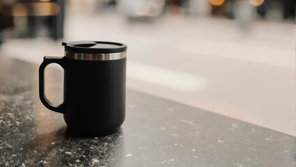 A black travel mug with handle and lid sits on speckled countertop, blurred background