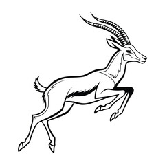 Fototapeta premium Leaping antelope, elegant safari antelope jumping with majestic horns, black and white outline vector. Vector