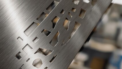 Close-up of a sheet metal with laser-cut irregular shapes, showing brushed metal texture