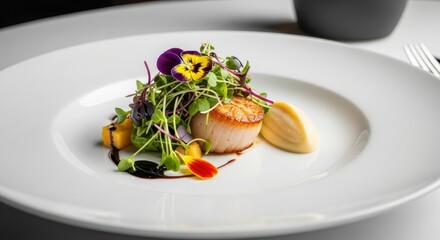 Gourmet seared scallop dish with microgreens and edible flowers