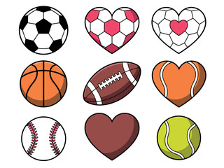 Fototapeta premium Collection of sports balls and heart shapes symbolizing love for athletics