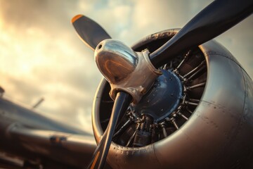 Detail of a realistic airplane propeller highlighting the craftsmanship and engineering at sunset with clouds in the background