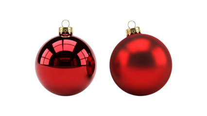 Two shiny red oval christmas ornaments isolated on transparent background