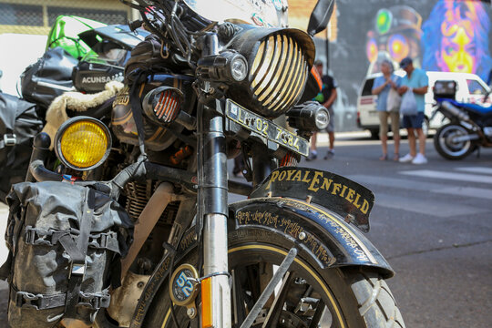 Customized Royal Enfield Classic 350cc motorcycle, it looks like it's been enjoyed on great trips around the world
