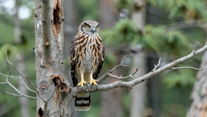 Wildlife 4K Ultra HD nature close up of a Spot bellied Eagle Owl Ketupa nipalensis standing absolutely motionless in front of the opening of its nest perched on top of a bare tree