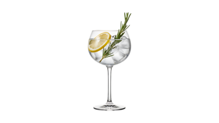 Refreshing gin and tonic cocktail with lemon and rosemary isolated on transparent background