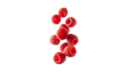 Fresh ripe raspberries falling in a vertical line isolated on transparent background