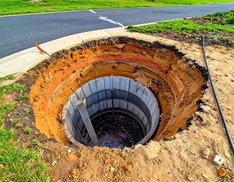 Deep, circular excavation with concrete structure, tiered earth, and nearby road. Construction project