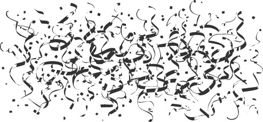 Black confetti and streamers falling against a white background celebration party