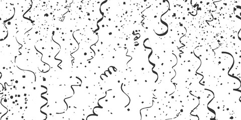 Black and white confetti and streamers falling on a white background party celebration