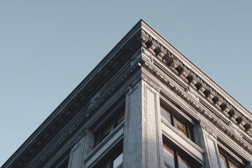 Naklejka premium Modern architectural details showing an elegant corner design of a historic building in a city skyline during bright daylight