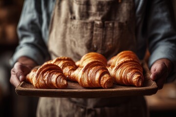 Baker holds a wooden tray with freshly baked croissants in a warm and inviting bakery setting during the morning