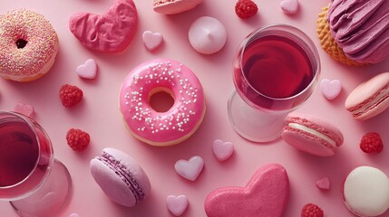 Sweet treats and pink drinks create a delightful and romantic ambiance. This image is perfect for Valentine's day, celebrations, or simply indulging in pleasure.