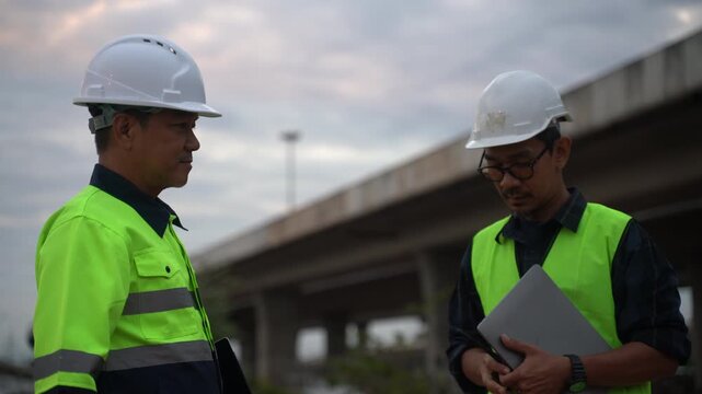 Two construction professionals in safety gear shaking hands beneath a massive elevated highway structure at dusk, symbolizing successful project agreement, collaboration, and commitment to infrastruct