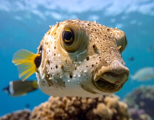 Close-up of a pufferfish in clear ocean water, showing its spotted skin and inquisitive expression