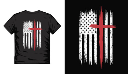 Cross American flag themed t-shirt design featuring patriotic symbol artwork, perfect for inspirational quotes, poster graphics, SVG printable files and crafting cut projects for apparel decoration.