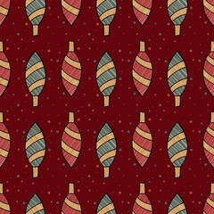 Red and green Christmas tree ornaments and polka dots on a red background repeating raster pattern