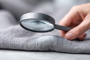 Exploring fabric texture with a magnifying glass in a soft gray textile setting