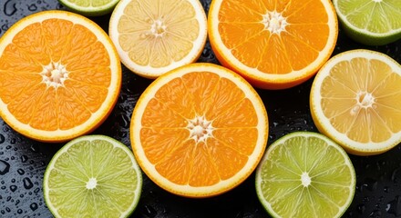 Fototapeta premium Assorted citrus slices on black surface with water droplets