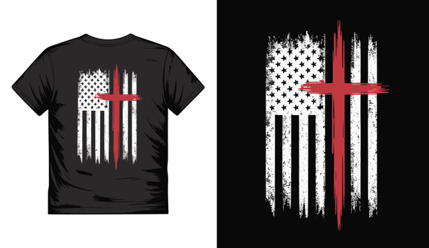 Cross American flag themed t-shirt design featuring patriotic symbol artwork, perfect for inspirational quotes, poster graphics, SVG printable files and crafting cut projects for apparel decoration.