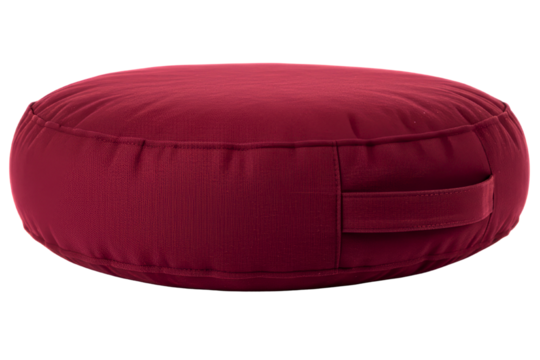 Round maroon fabric floor cushion with carrying handle isolated on a transparent background