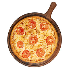 Delicious freshly baked pizza with tomato slices and herbs on a wooden board