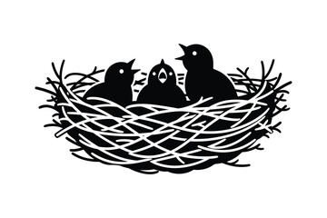Three chick sitting in nest silhouette farm animal artwork vector illustration