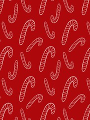 Repeating raster pattern of hand-drawn candy cane outlines on a red background