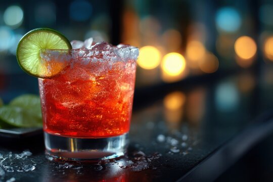 Refreshing cocktail with lime garnish served in a crystal glass at a vibrant bar setting in the evening