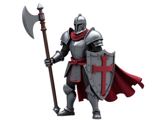Obraz premium A medieval knight stands proudly with his sword and shield on a white background