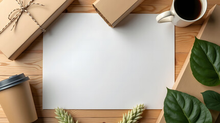 Top View of Blank White Paper Surrounded by Cup of Coffee, Gifts, and Greenery on Wooden Table Top for Mockups and Business and Ecological Lifestyle