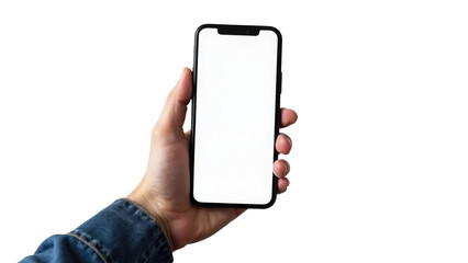 A person holding a cell phone with a white screen, perfect for use in technology or modern life scenes