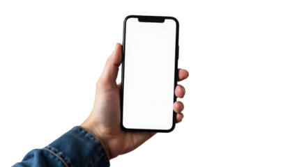 A person holding a cell phone with a white screen, perfect for use in technology or modern life scenes