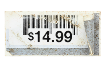 Old worn adhesive price label with grunge texture isolated on a transparent background