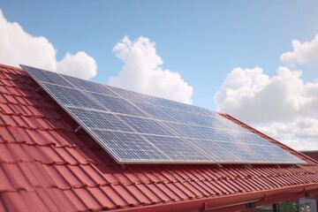 Solar panel installation on a red rooftop under a clear sky with fluffy clouds during daylight hours