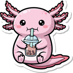 Cute Kawaii Pink Axolotl Drinking Bubble Tea Sticker Vector Illustration.