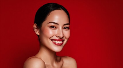 Radiant beauty shines with a confident smile. Her glowing skin and bright eyes reflect inner happiness against a vibrant backdrop, showcasing natural allure & poise.