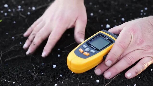 Farmer testing soil moisture with digital meter in dark rich earth for agriculture and gardening