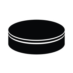 Black hockey puck with white stripes on white background