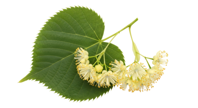 Linden flowers with leaf isolated PNG, fragrant blossoms of Tilia tree on transparent background for herbal tea and natural medicine