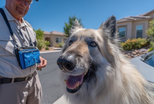 Man interacts with fluffy dog on sunny day in suburban setting - Powered by Adobe