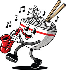 Retro Cartoon Ramen Bowl Character Playing Saxophone Jazz Music.