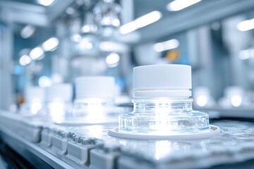 Bottles being filled at a modern manufacturing line in a clean factory environment