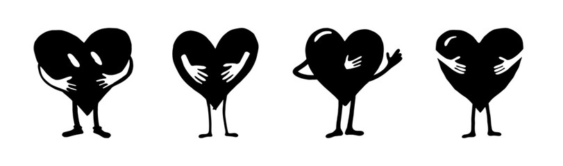 Four distinct black cartoon heart characters displaying various emotional gestures